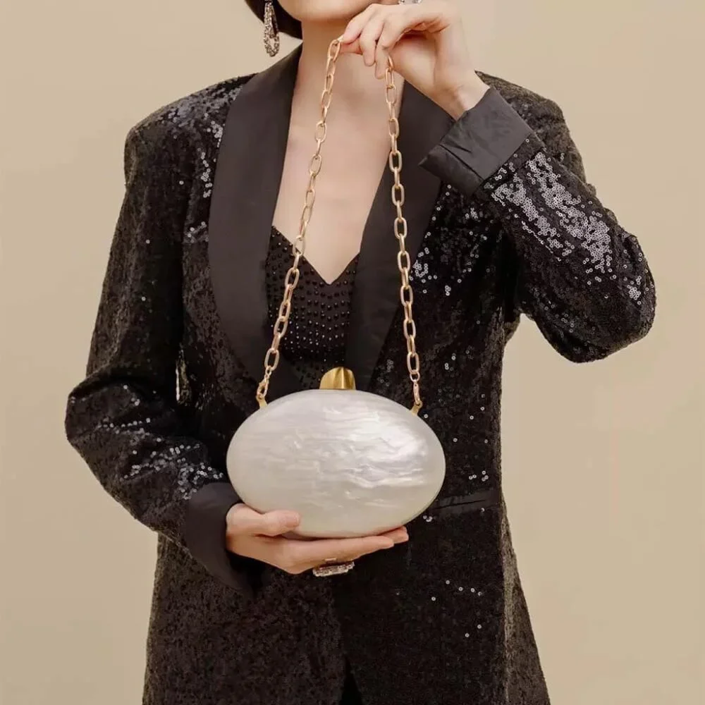 ⚡Women's Tan Shell Egg Metallic Evening Shiny Top Closure Trendy Clutch Handbags